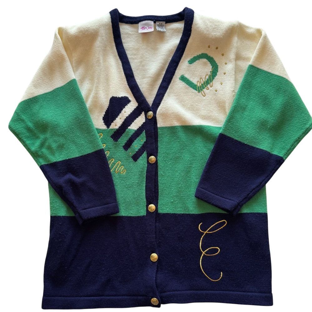 VTG 90s Colorblock Womens M Cardigan Sweater Blue Green Retro Coastal Academia‎